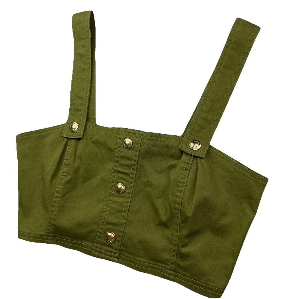 Michael Kors Gold Button Zipper Tank Top Womens M Olive Green Strappy Crop Cami